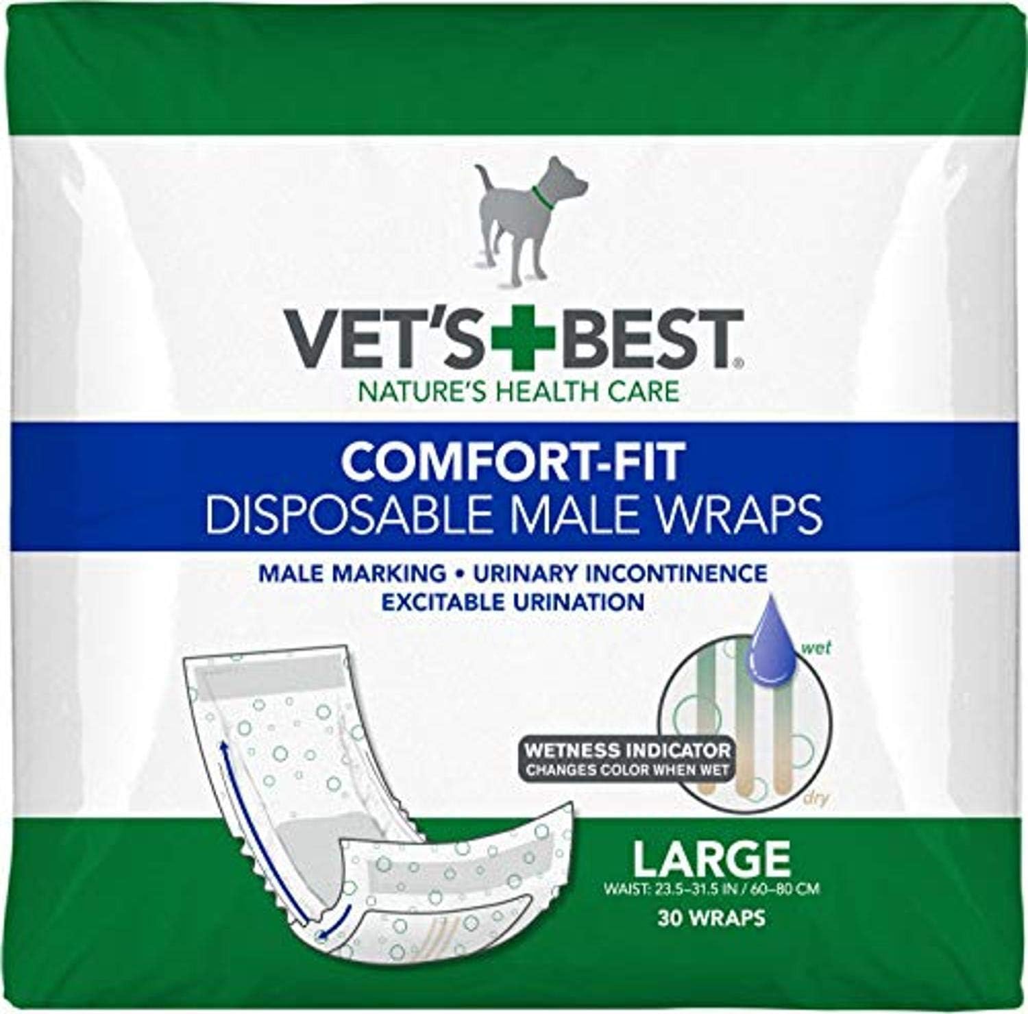 Vets Best Comfort Fit Disposable Male Dog Diapers Large 30Count White