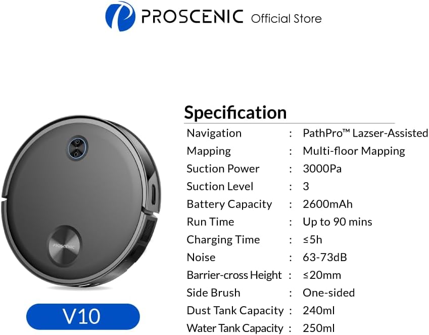 Proscenic V10 Robot Vacuum Cleaner, 3000Pa Strong Suction LiDAR robot vacuum, Sonic Mopping, Ultrasonic Carpet Recognition, App & Alexa Voice Control, Self-Charging, for Hard Floor & Low Pile Carpet