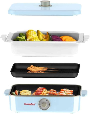 EuropAce 3.5L Multi-Function HotPot | ESB 7368A (Pastel Blue) | Detachable Non-Stick plates & Easy Cleaning
