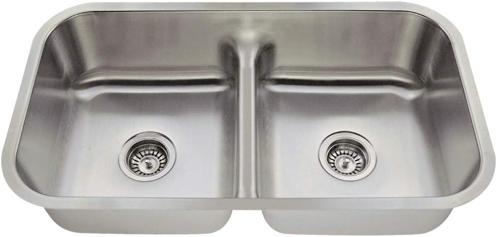 MR Direct 512-16 Stainless Steel Undermount 32-1/2 in. Double Bowl Kitchen Sink, 16 Gauge