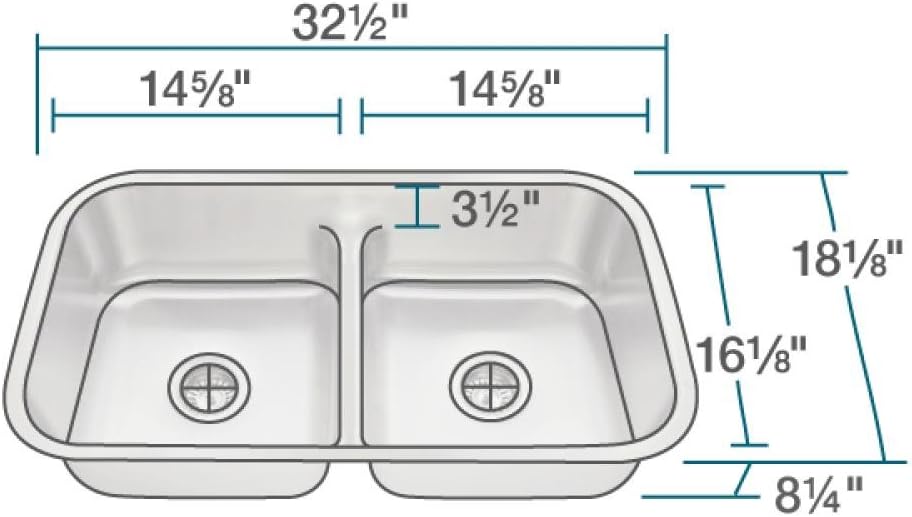 MR Direct 512-16 Stainless Steel Undermount 32-1/2 in. Double Bowl Kitchen Sink, 16 Gauge