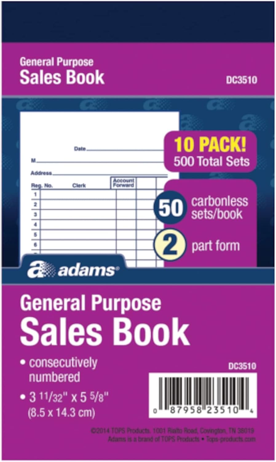 Adams General Purpose Sales Book, 2-Part, Carbonless, White/Canary, 3-11/32 x 5-5/8, 50 Sets per Book, 10 Pack (DC3510)