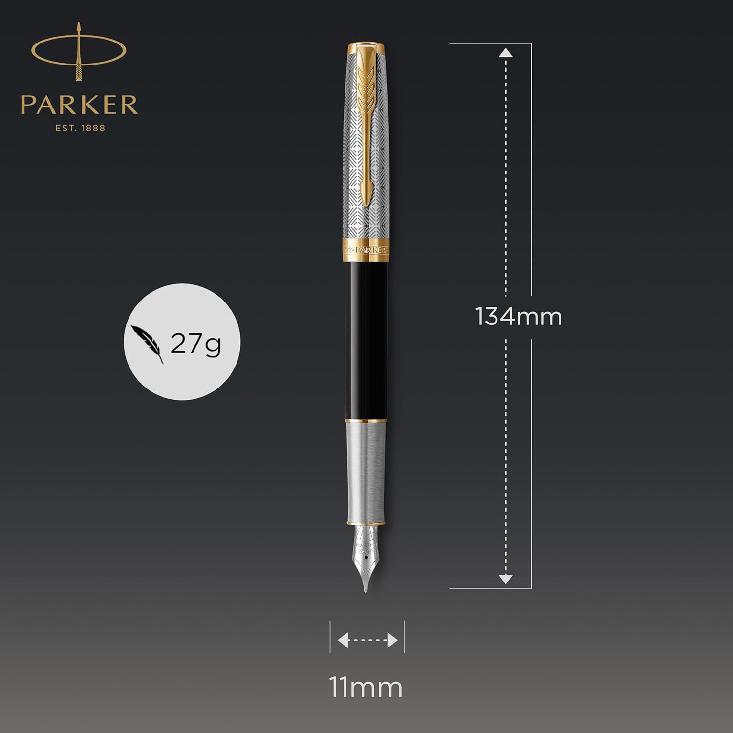 Parker Sonnet Fountain Pen, Premium Metal and Black Gloss Finish with Gold Trim, Fine 18k Gold Nib with Black Ink Cartridge