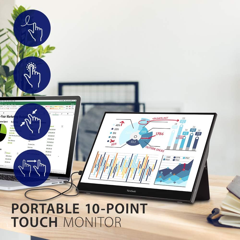 ViewSonic TD1655 16” 10-point Touch Portable Monitor, Extend Your Content from Mobile Devices, Flexible Setup with 2 x USB Type C, Anti-slip Cover, Aluminum stand, 6H hardness, Grey