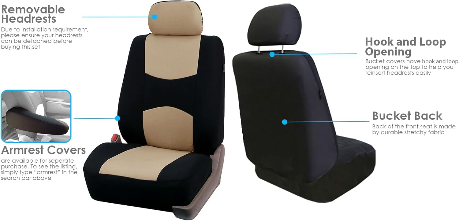 FH Group Car Seat Covers Full Set Beige Cloth - Universal Fit Automotive Seat Covers, Low Back Front Seat Covers, Solid Back Seat Cover, Washable Car Seat Cover for SUV, Sedan and Van