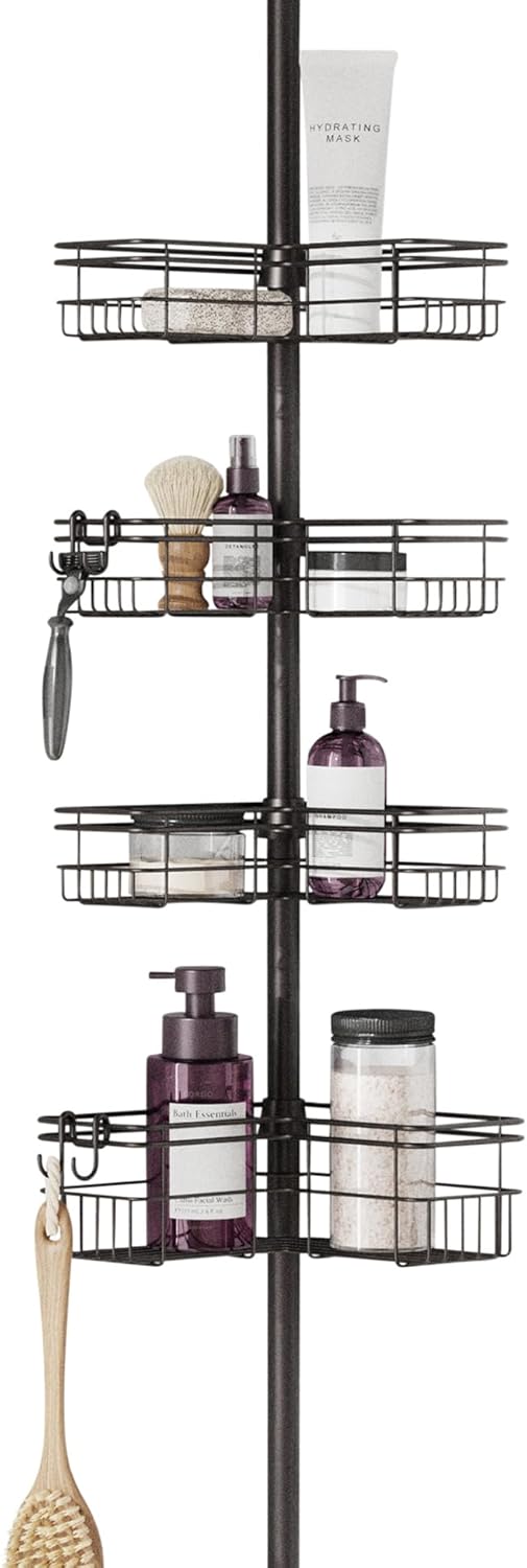 Zenna Home Tension Pole Shower Caddy with 4 L-Shaped Shelves with Hooks, Bronze, 60-97 Inch – Rust-Resistant Corner Shower Organizer Shelf – Adjustable Shower Rack for Bath Essentials