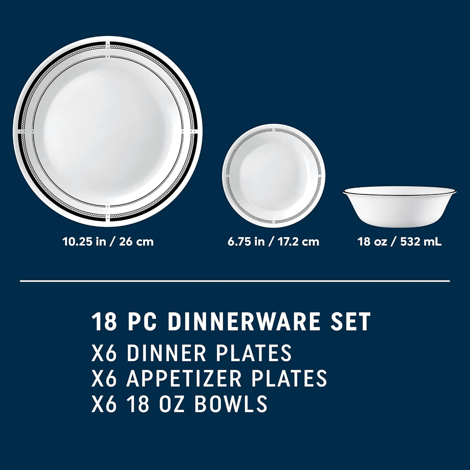 Corelle 18-Piece Round Dinnerware Set, Service for 6, Lightweight Round Plates and Bowls Set, Brasserie