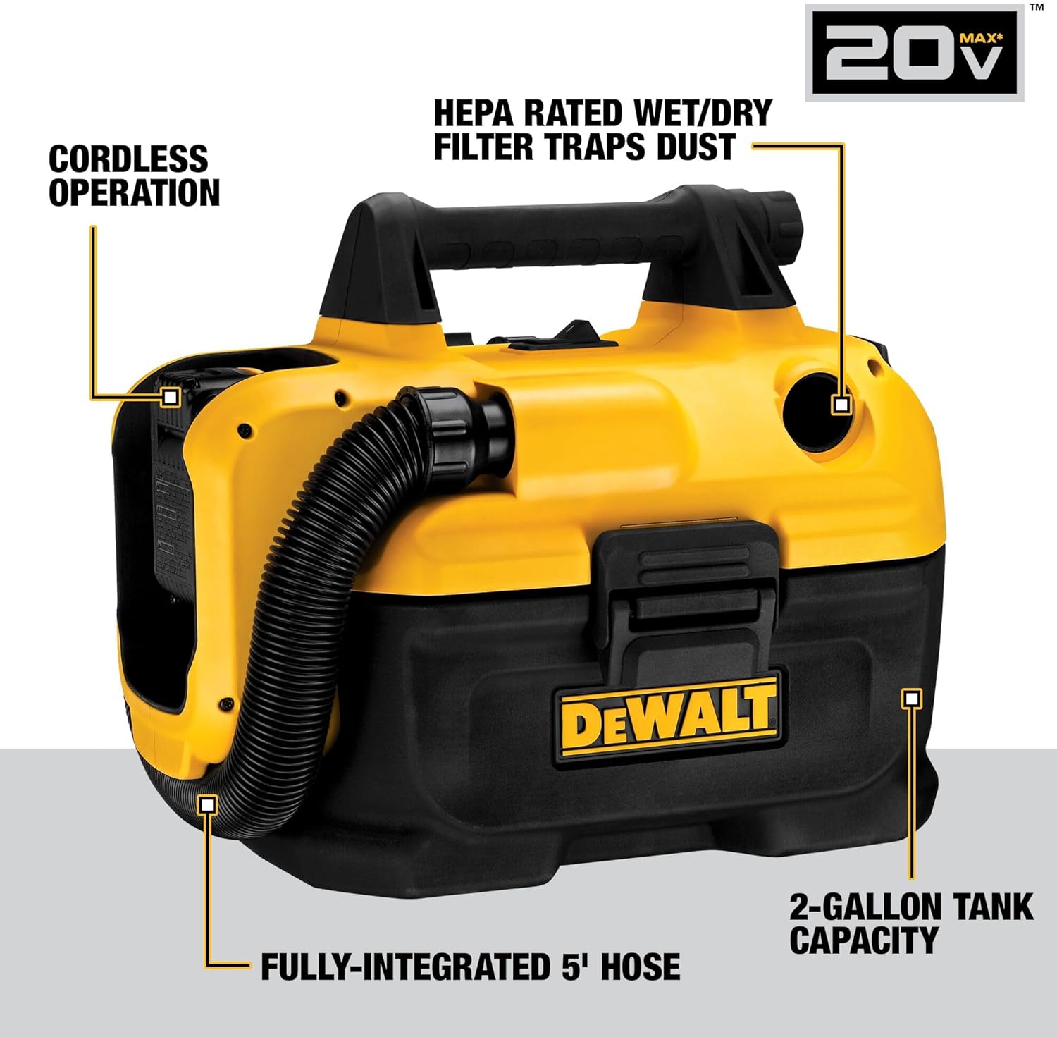 DEWALT DCV580H 20V MAX Cordless Wet-Dry Vacuum 17.10 Inch x 12.80 Inch x 12.30 Inch Yellows
