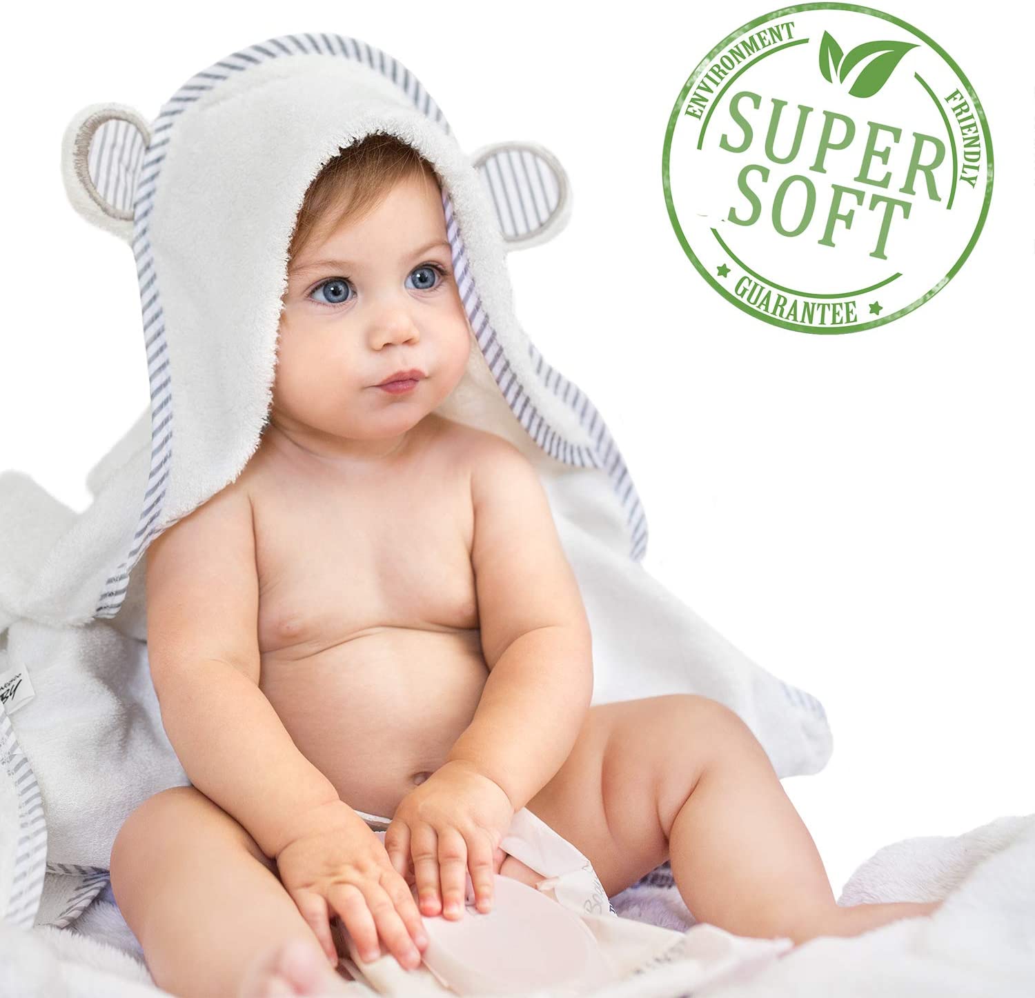 SAN FRANCISCO BABY Bear Ears Hooded Bamboo Towel 35in x 35in White