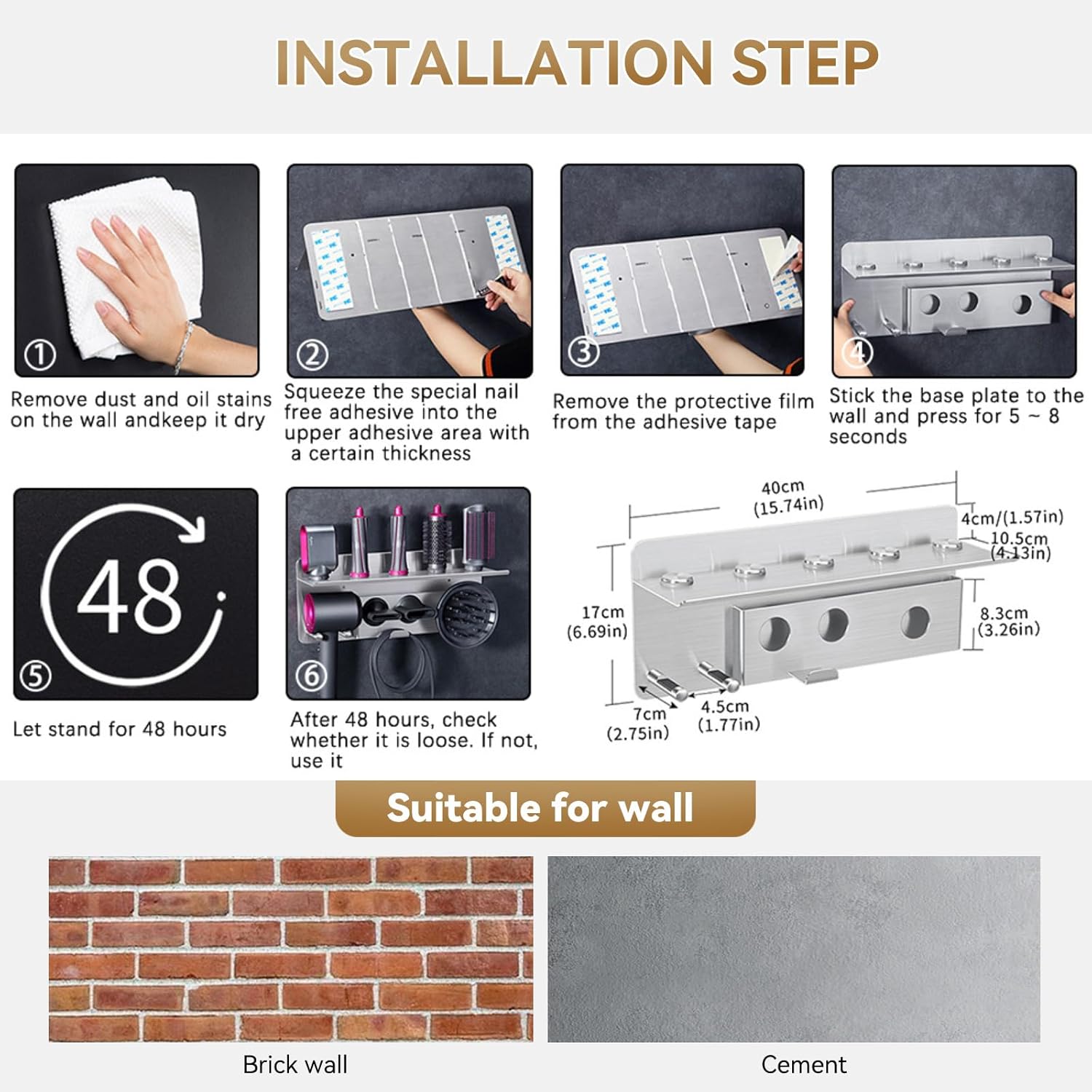 Hair Dryer Holder For Dyson Supersonic Hair Dryer For Dyson Airwrap Styler Organizer Storage Shelf 2in1 Wall Mounted Stand Fits Curler Diffuser Two Nozzles For Bathroom Bedroom Hair Salon Barbershop