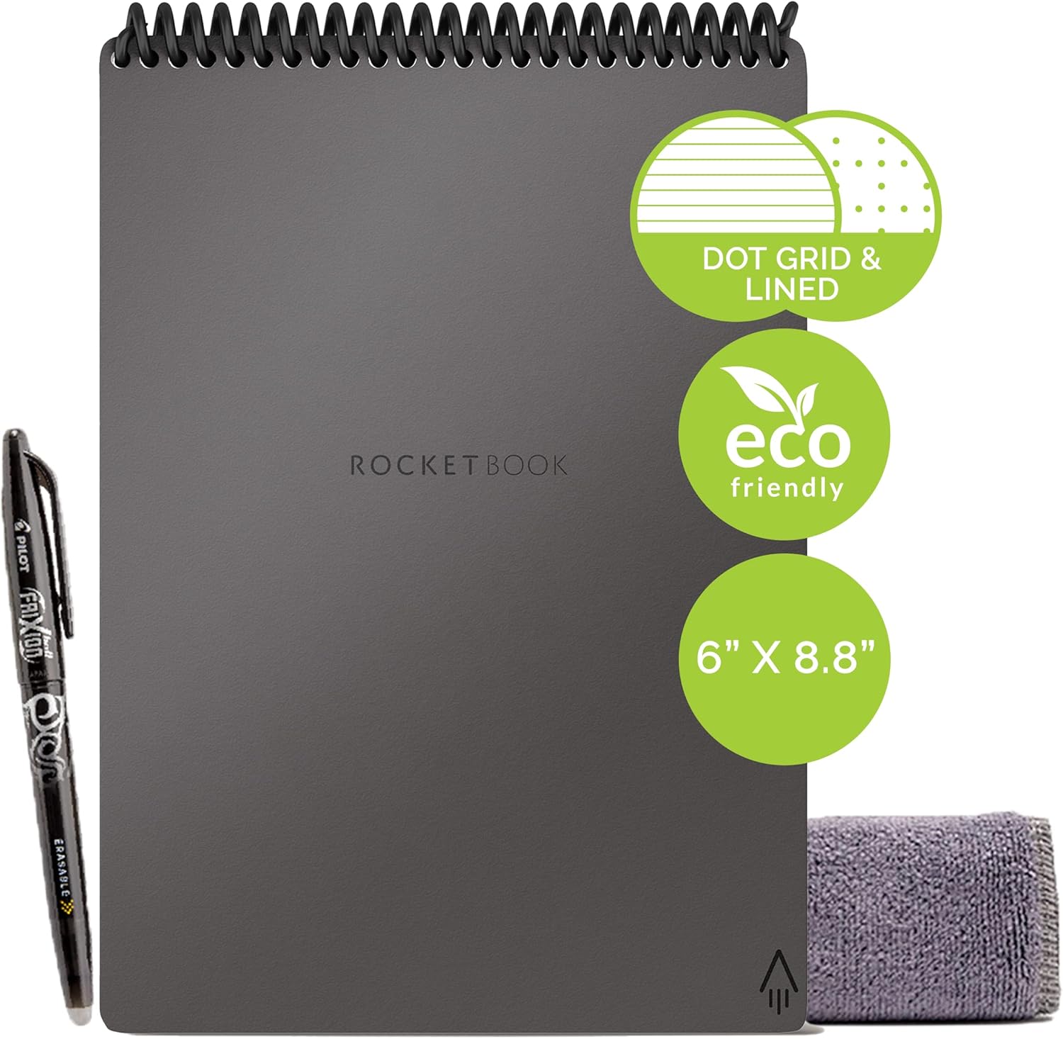 Rocketbook Flip - with 1 Pilot Frixion Pen & 1 Microfiber Cloth Included - Gray Cover, Executive Size (6" x 8.8")