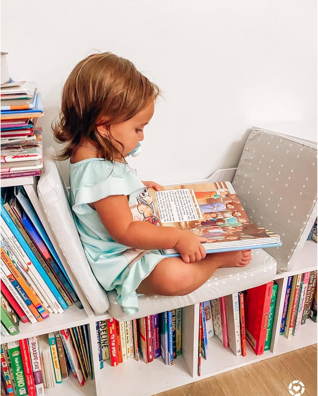 KidKraft Wooden Bookcase With Reading Nook Storage And Gray Cushion White