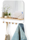 Umbra Estique Multi-Use Organizer Mirror with Six Wood and Metal Hooks and Integrated Tray (White-Natural)