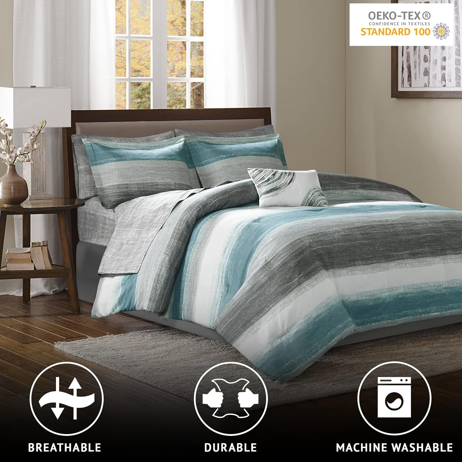 Madison Park Essentials Cozy Bed in a Bag Comforter, Vibrant Color Design All Season Down Alternative Cover with Complete Sheet Set, Queen(90"x90"), Strip Aqua