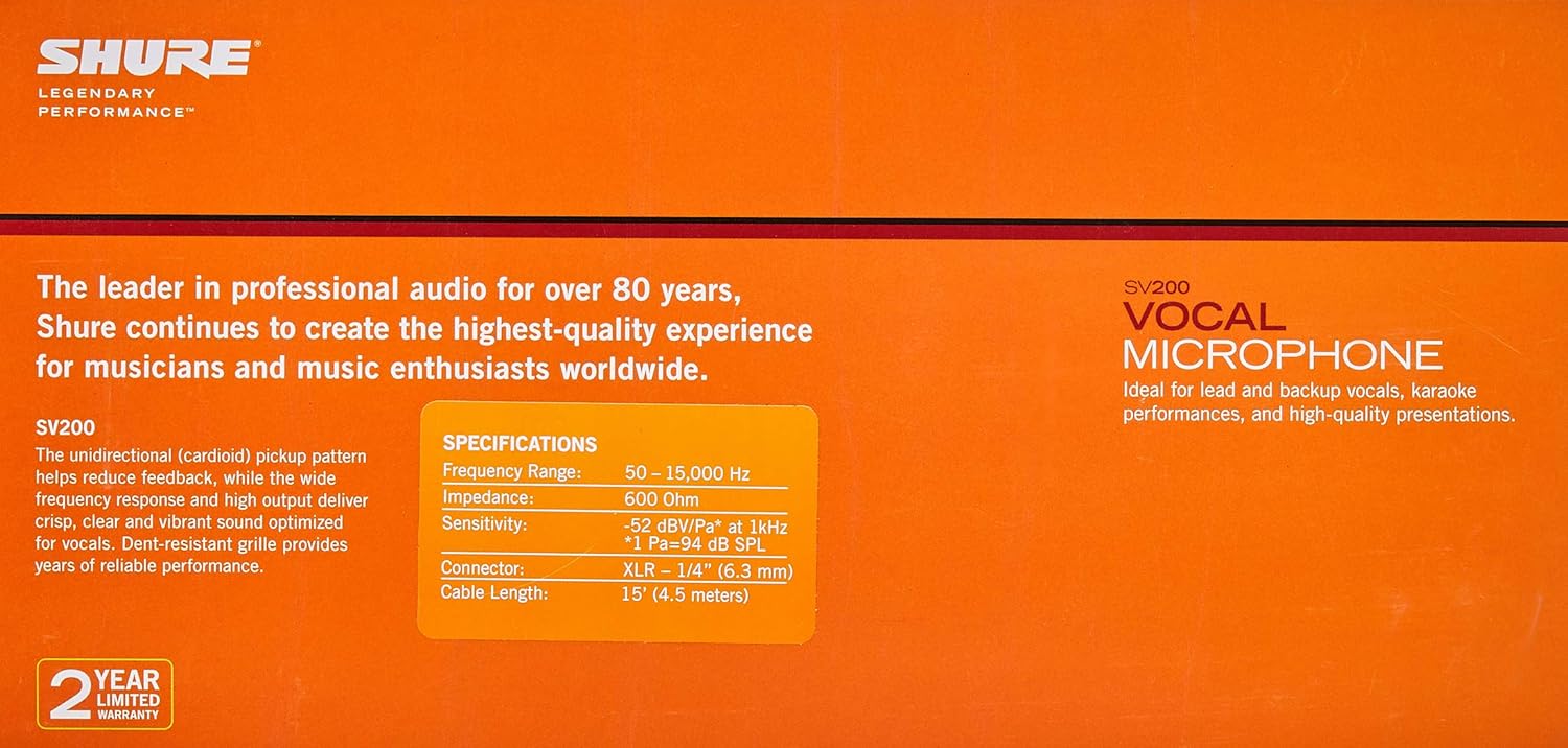 Shure SV200-Q-X Dynamic Karaoke Vocal Microphone with XLR to 1/4" Cable