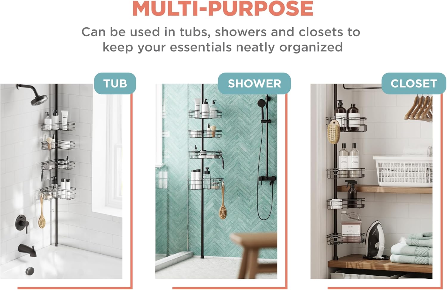 Zenna Home Tension Pole Shower Caddy with 4 L-Shaped Shelves with Hooks, Bronze, 60-97 Inch – Rust-Resistant Corner Shower Organizer Shelf – Adjustable Shower Rack for Bath Essentials