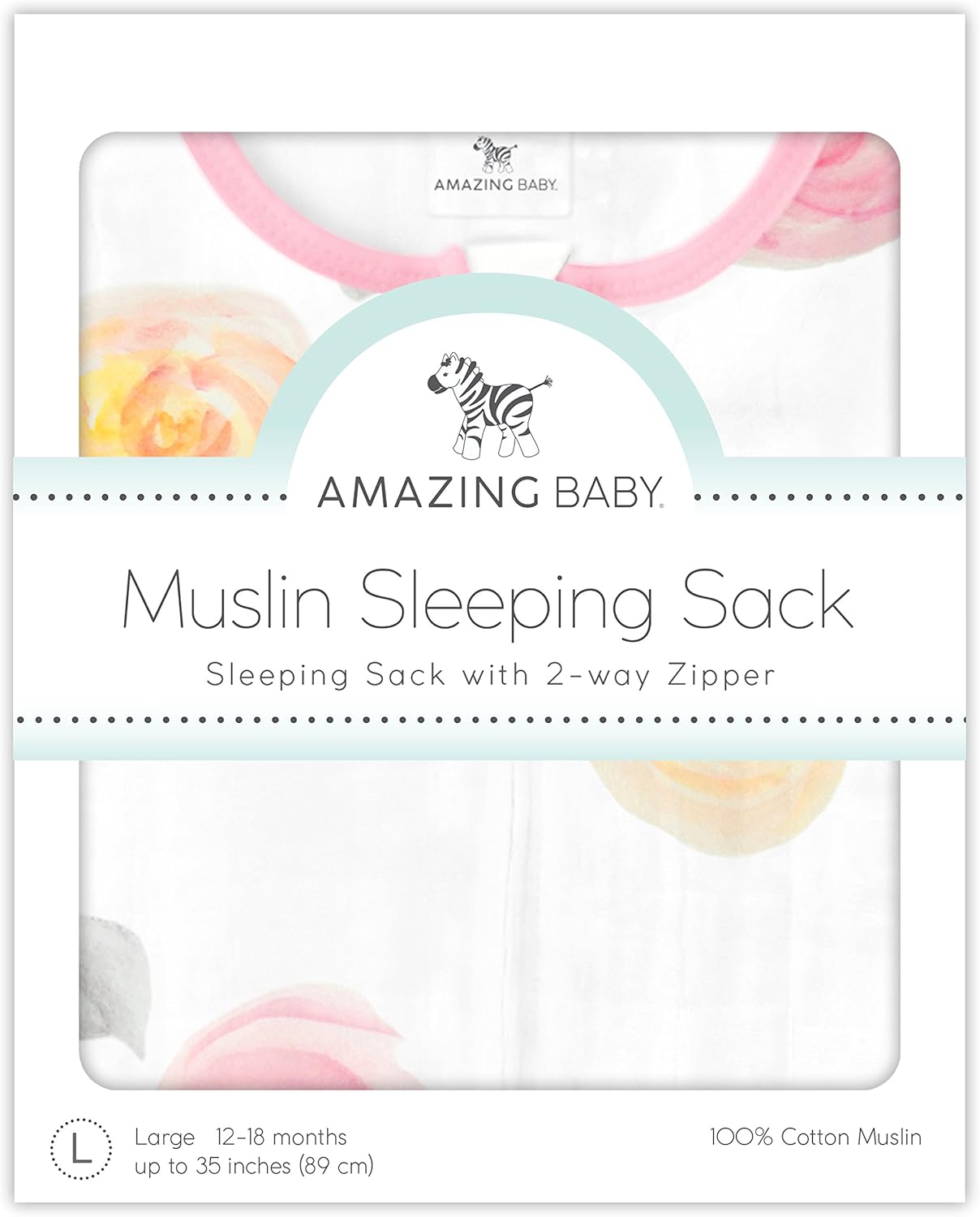 Amazing Baby Muslin Sleeping Sack with 2-Way Zipper, Watercolor Roses, Pink, Large