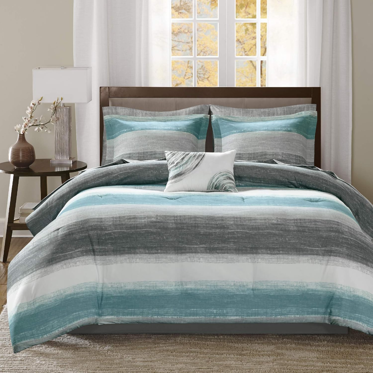 Madison Park Essentials Cozy Bed in a Bag Comforter, Vibrant Color Design All Season Down Alternative Cover with Complete Sheet Set, Queen(90"x90"), Strip Aqua