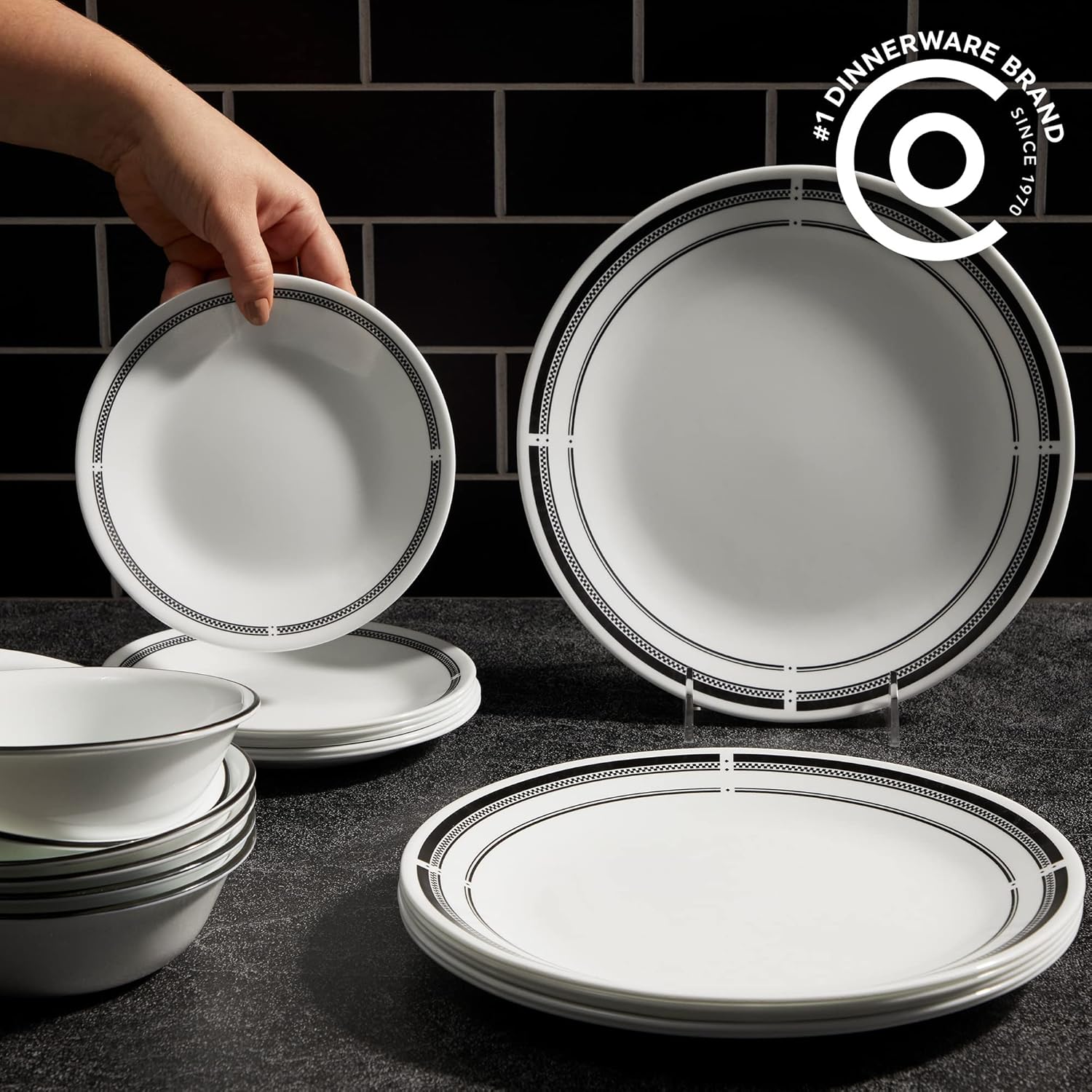 Corelle 18-Piece Round Dinnerware Set, Service for 6, Lightweight Round Plates and Bowls Set, Brasserie