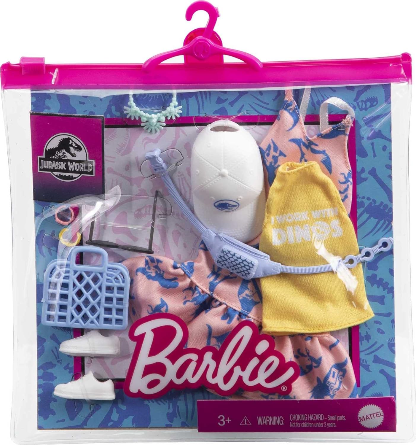 Barbie Fashions Storytelling Fashion Pack- Pink Dress with Dinosaur, Yellow Shirt - Inspired by Popular Brand Roxy, Complete Look with Outfit & Accessories, Gift for Kids 3 to 8 Years Old