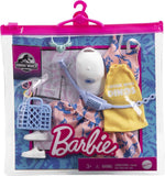 Barbie Fashions Storytelling Fashion Pack- Pink Dress with Dinosaur, Yellow Shirt - Inspired by Popular Brand Roxy, Complete Look with Outfit & Accessories, Gift for Kids 3 to 8 Years Old