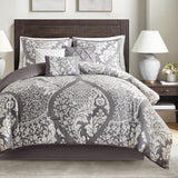Madison Park Vienna Sateen Cotton Comforter Set, Breathable, Soft Cover, Trendy, All Season Down Alternative Cozy Bedding with Matching Shams, California King, Grey 7 Piece