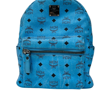 BACKPACK-BLUE COGNAC VISETOS LEATHER/SILVER STUDS MCM W-28CM