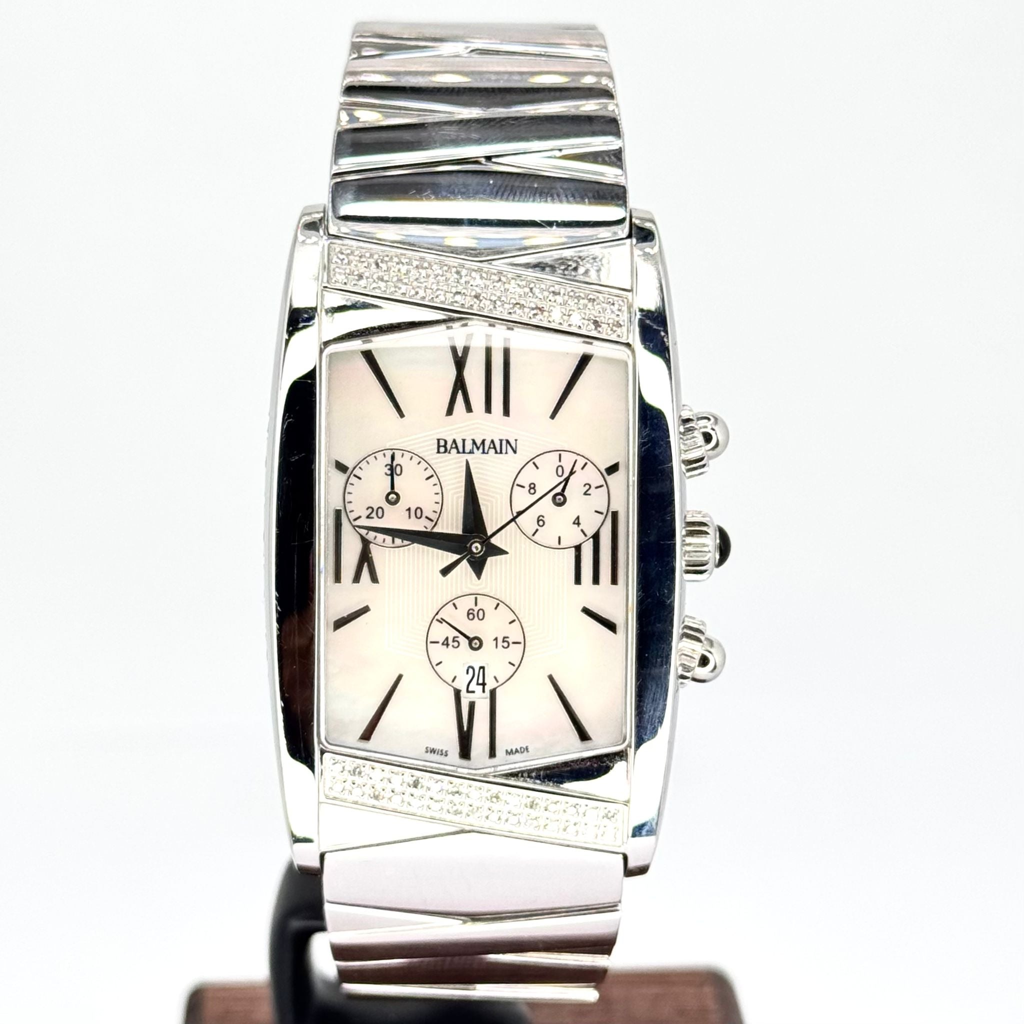 BALMAIN Chronograph w/Diamond Bezel Quartz, Mother Of Pearl Dial Watch, 28 x 48mm