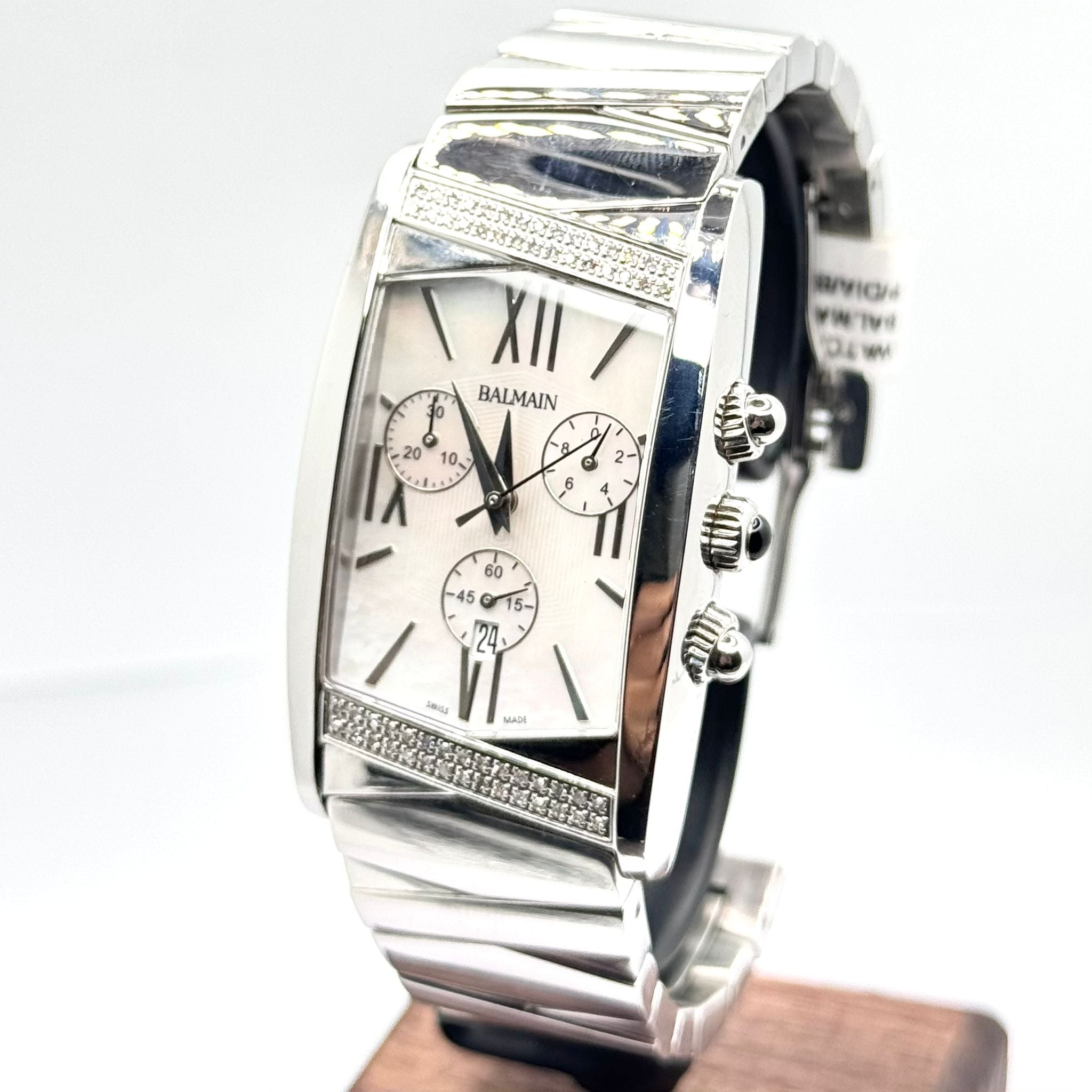 BALMAIN Chronograph w/Diamond Bezel Quartz, Mother Of Pearl Dial Watch, 28 x 48mm