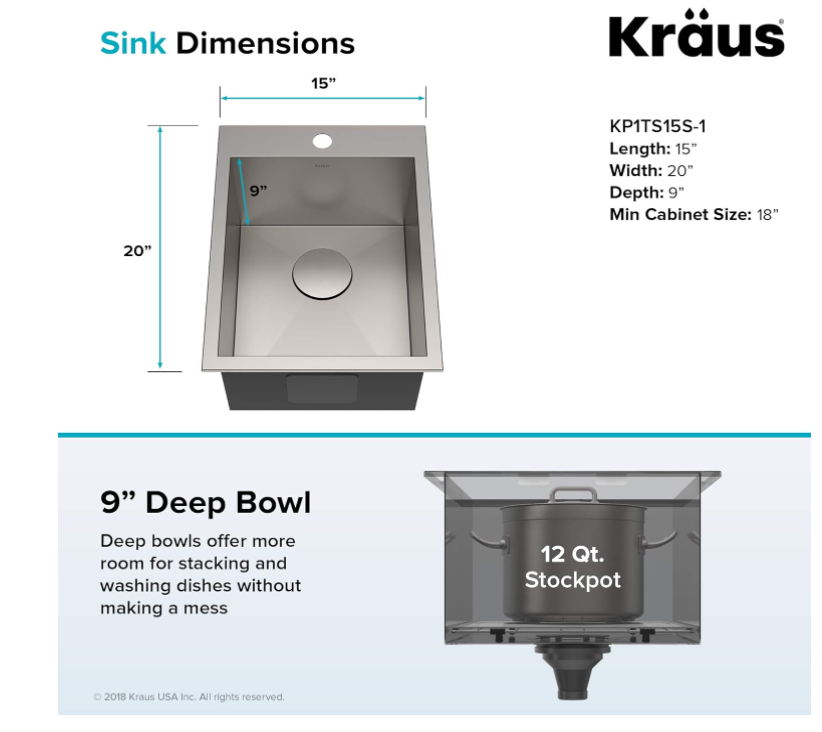 Kraus KP1TS15S-1 Pax Kitchen Sink, 15" x 20" x 9" 1 Hole