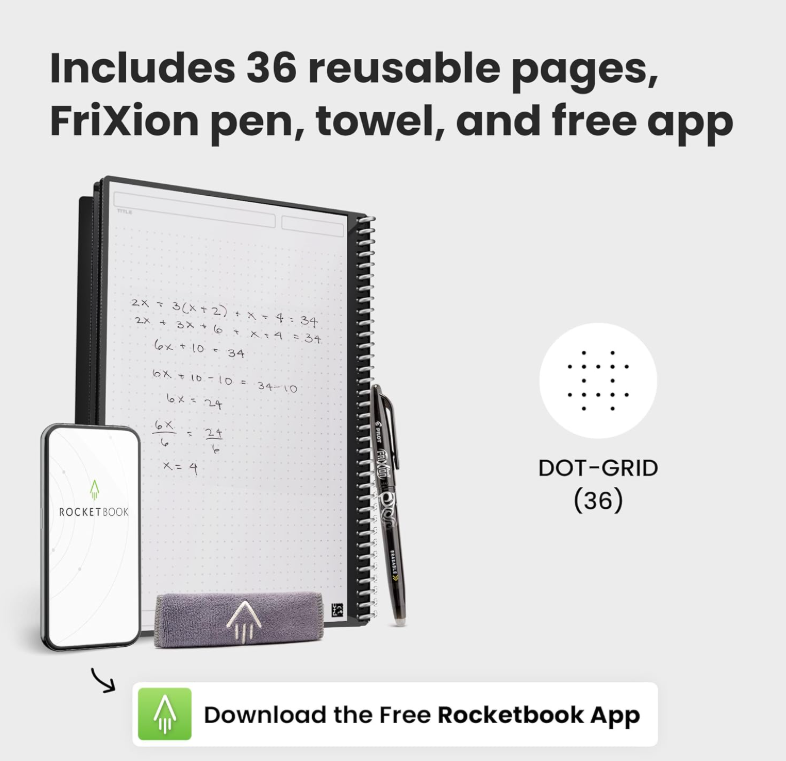 Rocketbook Core Reusable Spiral Notebook, Executive Size 6x8.8, Gray - Dotted Pages, App-Connected, Erasable, Durable Cover, Ideal for School, Work, and Creative Projects