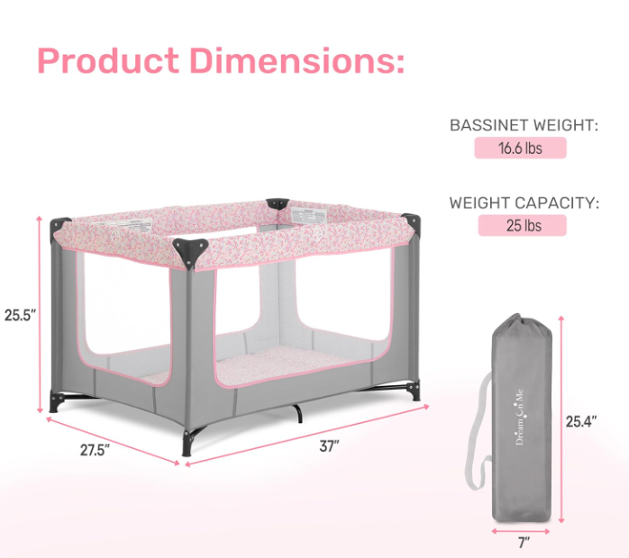 Dream On Me Zodiak Portable Playard in Grey and Pink, Lightweight, Packable and Easy Setup Baby Playard, Breathable Mesh Sides and Soft Fabric - Comes with a Removable Padded Mat