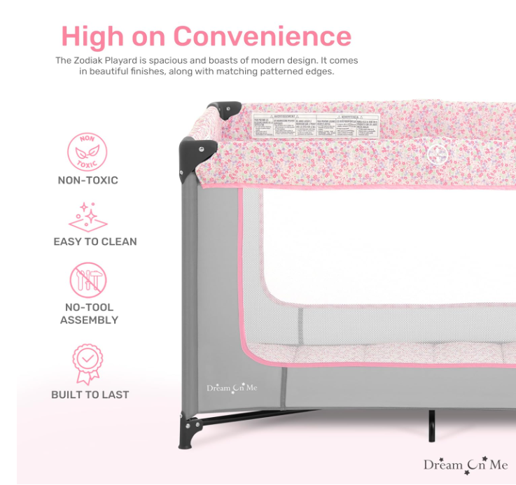 Dream On Me Zodiak Portable Playard in Grey and Pink, Lightweight, Packable and Easy Setup Baby Playard, Breathable Mesh Sides and Soft Fabric - Comes with a Removable Padded Mat