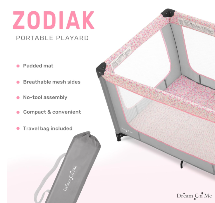 Dream On Me Zodiak Portable Playard in Grey and Pink, Lightweight, Packable and Easy Setup Baby Playard, Breathable Mesh Sides and Soft Fabric - Comes with a Removable Padded Mat