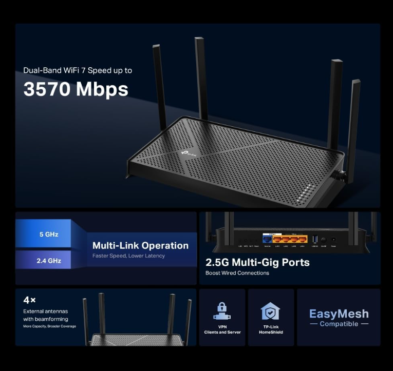 TP-Link Dual-Band BE3600 Wi-Fi 7 Router Archer BE230 | 4-Stream 3.6 Gbps | 2×2.5G + 3×1G Ports, USB 3.0, 2.0 GHz Quad Core, 4 Antennas | VPN Clients & Server | EasyMesh, HomeShield, MLO, Private IOT