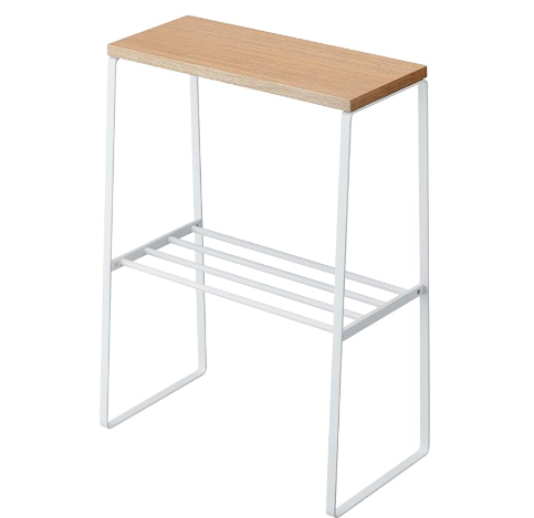 Yamazaki Home Narrow Living Room End Table - Slim Side Storage Shelf Stand Furniture Metal and Wood Modern Skinny Accent Table Steel + WoodWhite