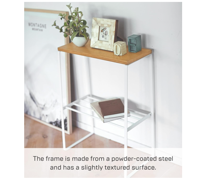 Yamazaki Home Narrow Living Room End Table - Slim Side Storage Shelf Stand Furniture Metal and Wood Modern Skinny Accent Table Steel + WoodWhite