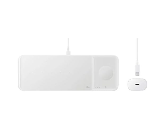 Samsung Electronics Wireless Charger Trio, Qi Compatible - Charge up to 3 Devices at Once for Galaxy Phones, Buds, Watches, and Apple iPhone Devices (White)