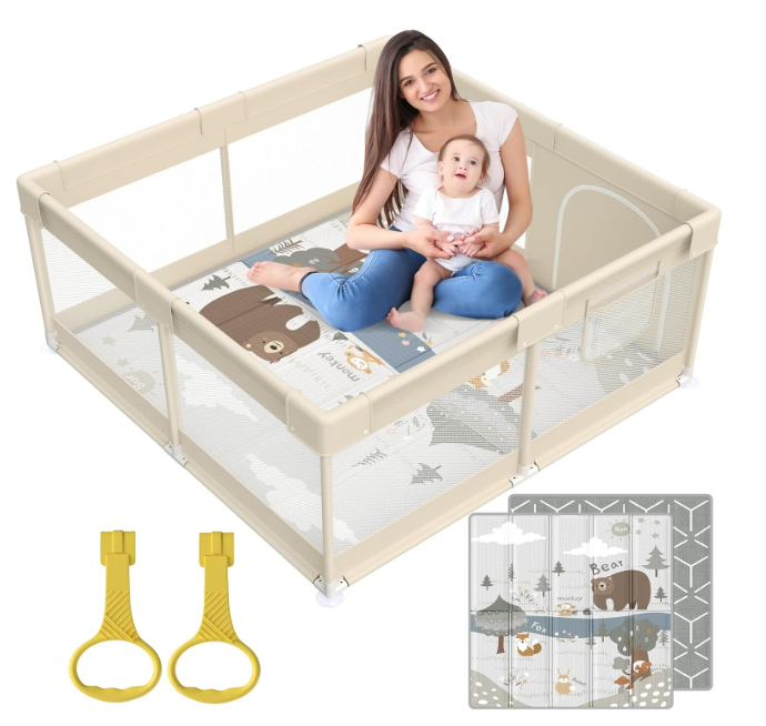 Playpen with Mat, Beige Baby Playpen with Mat, 47x47inch Play Pen with Mat for Babies and Toddlers, Small Baby Playpen with Mat, Small Baby Playpen for Apartment, Play Yard for Babies