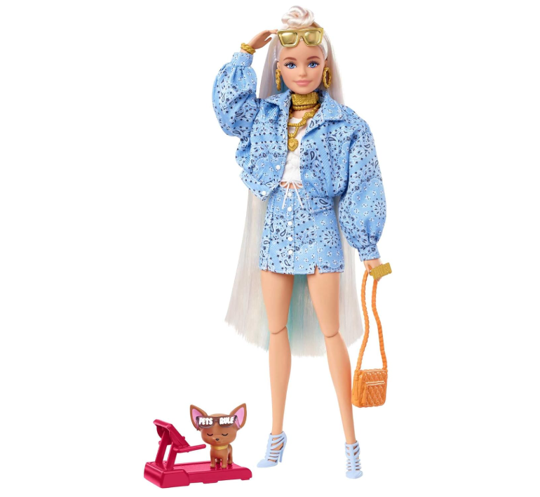 Barbie Extra Doll #16 in Blue Paisley-Print Skirt & Jacket, with Pet Puppy, Extra-Long Hair & Accessories, Flexible Joints, for 3 Years Old & Up, Multicolored
