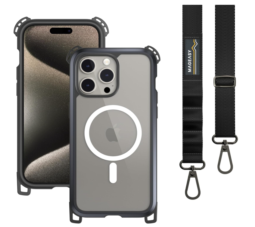 MAGEASY Case with Strap for iPhone 15 Pro Max - Ultimate 22ft Drop Protection, 6.7" Crossbody Case with Lanyard, Compatible with MagSafe - Odyssey Ultra M | Embedded Metal Frame