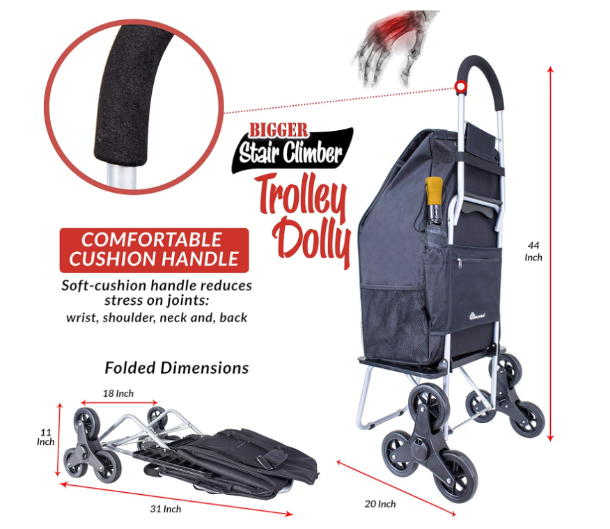 dbest products Stair Climber Bigger Trolley Dolly, Black Grocery Shopping Foldable Cart Condo Apartment 44 Inch
