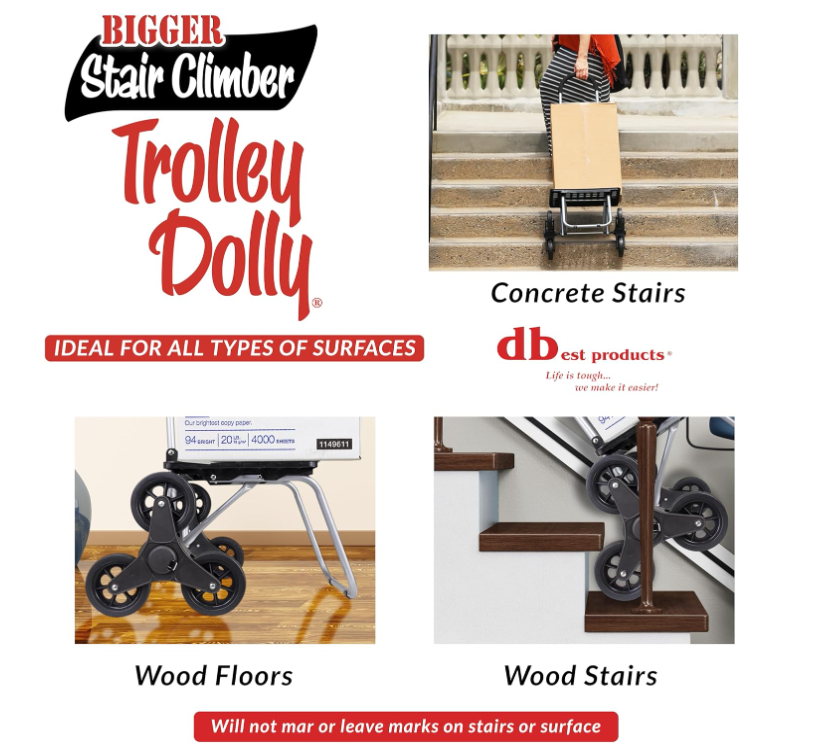 dbest products Stair Climber Bigger Trolley Dolly, Black Grocery Shopping Foldable Cart Condo Apartment 44 Inch