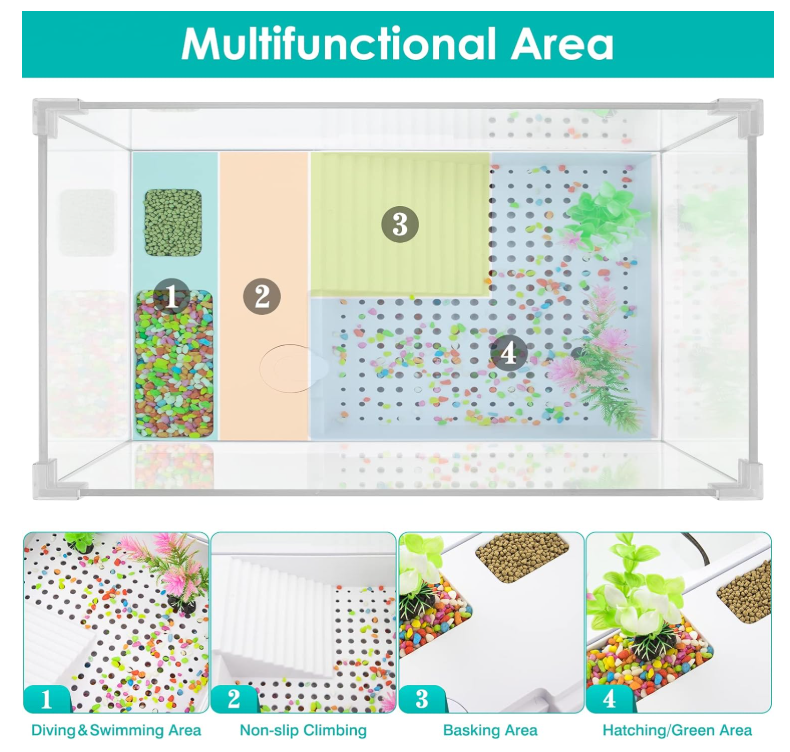 Turtle Aquarium With Light, Water Pump, and Platform - Reptile Habitat Tank With Plants for Pet Terrapin Lake (15.7''x11.8''x10'')