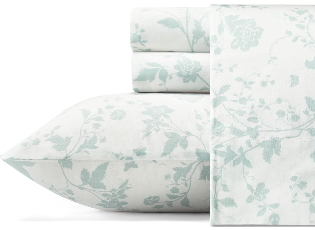 Laura Ashley Home - King Sheets, Soft Sateen Cotton Bedding Set - Sleek, Smooth, & Breathable Home Decor (Garden Palace Blue, 4 pieces,King)