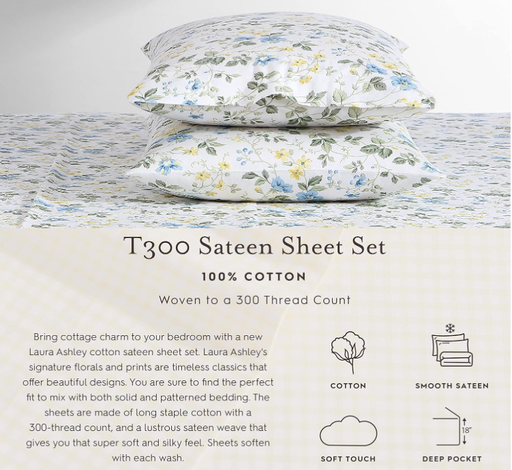 Laura Ashley Home - King Sheets, Soft Sateen Cotton Bedding Set - Sleek, Smooth, & Breathable Home Decor (Garden Palace Blue, 4 pieces,King)