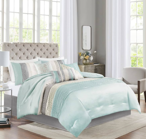 Madison Park Amherst Faux Silk Comforter Set-Casual Contemporary Design All Season Down Alternative Bedding, Matching Shams, Bedskirt, Decorative Pillows, King(104"x92"), Aqua, 7 Piece