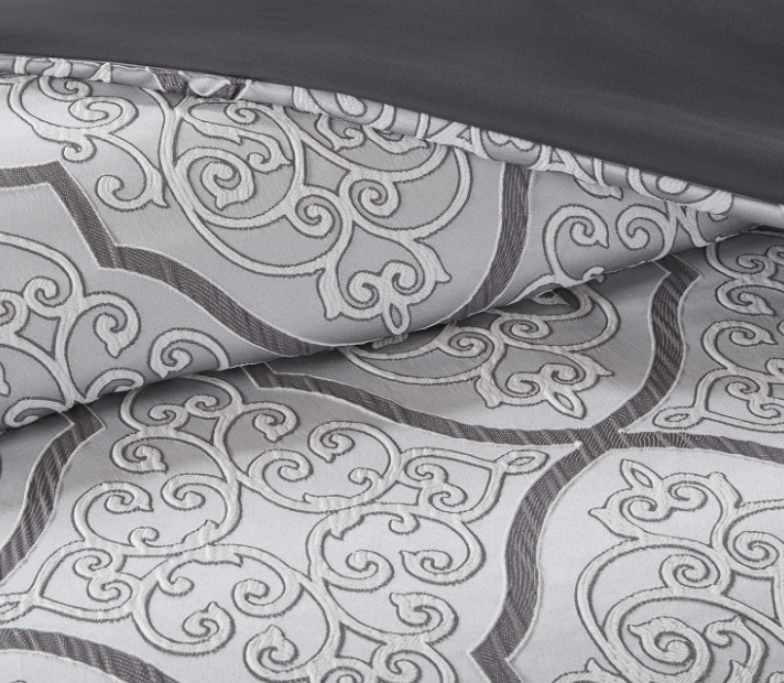 Madison Park Lavine Cozy Bed in a Bag Comforter Set, Traditional Luxe Jacquard Design All Season Down Alternative Bedding with Cotton Bed Sheets, Bed Skirt & Pillows, King Silver 12 Piece