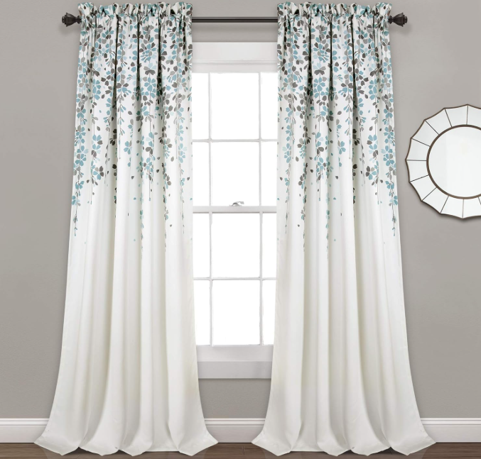 Lush Decor Weeping Flower Light Filtering Window Curtain Panels, Pair, 52"W x 95"L + 2" Header, Blue & Gray - Charming Modern Floral Curtains for Living Room, Dining Room, & Bedroom