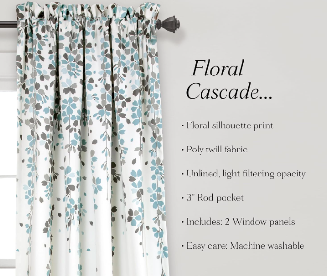 Lush Decor Weeping Flower Light Filtering Window Curtain Panels, Pair, 52"W x 95"L + 2" Header, Blue & Gray - Charming Modern Floral Curtains for Living Room, Dining Room, & Bedroom